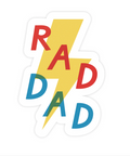 Colorful 'RAD DAD' sticker with a lightning bolt design on a white background