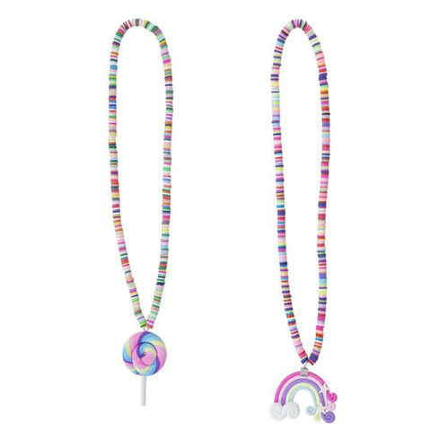 Colorful necklace with a lollipop pendant on a white background