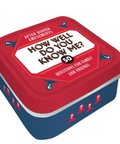 A square game tin titled "How Well Do You Know Me?" with a red lid and blue body, photographed on a clean white background.