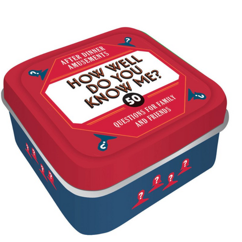 A square game tin titled "How Well Do You Know Me?" with a red lid and blue body, photographed on a clean white background.