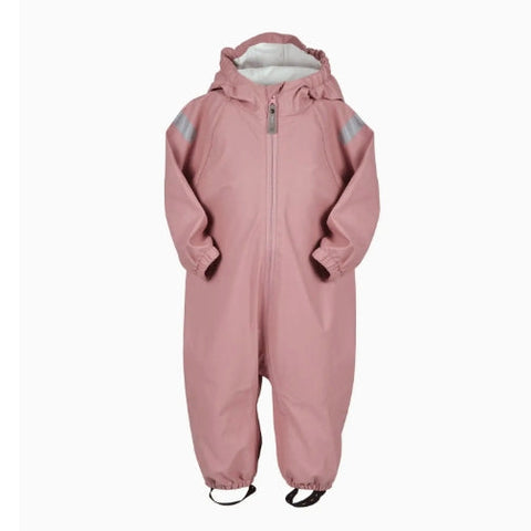 Pink children's snowsuit with reflective stripes on a white background
