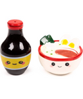 A cute ceramic salt and pepper shaker set styled like a soy sauce bottle and a ramen bowl, both with smiling cartoon faces, on a white background.