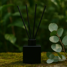 Black diffuser with eucalyptus leaves on a natural background
