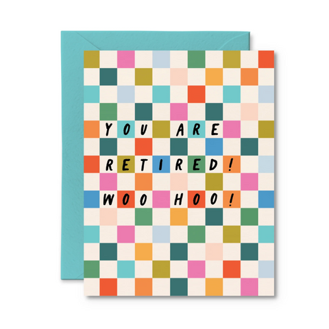 Colorful checkered card with退休! Woo Hoo! text and blue envelope on white background