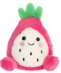 Plush toy shaped like a dragon fruit with a smiling face on a white background