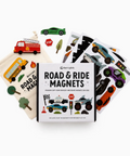 A boxed set of road and ride magnets by Cherrypick, shown with the white product box in the center and several colorful magnetic vehicles and trees fanned out around it on a white background.