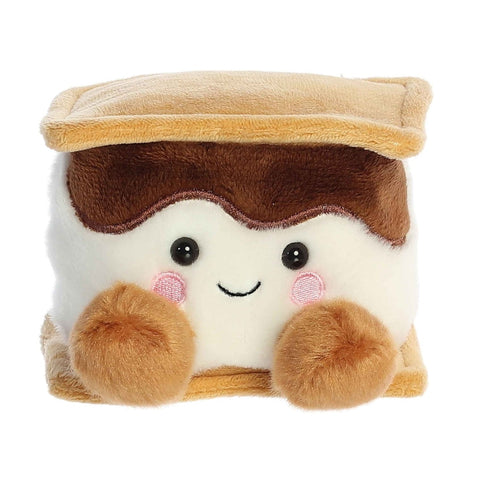 Plush toy resembling a toasted marshmallow with a brown shell on a white background