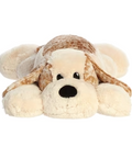 Plush dog toy with a brown hat on a white background