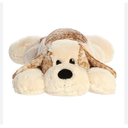 Plush dog toy with a brown hat on a white background