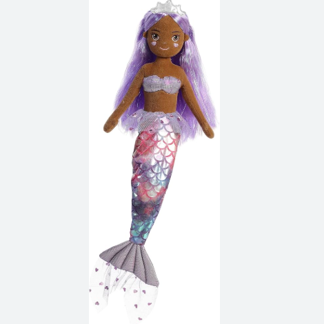 Mermaid doll with purple hair and a colorful tail on a white background