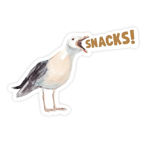 Sticker of a seagull with 'SNACKS!' text on a white background