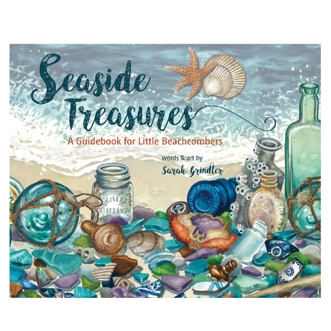 Book cover of 'Seaside Treasures' with illustrations of seashells and beach items.