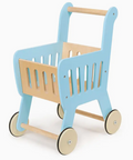 Toy shopping cart with blue frame and beige wheels on a white background
