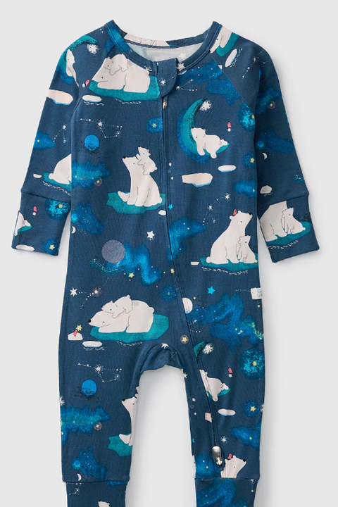 Children's onesie with polar bear pattern on a white background