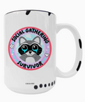 White mug with a raccoon graphic and 'Social Gathering Survivor' text on a white background