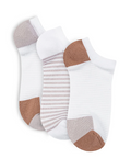 Three pairs of socks with white, brown, and gray accents on a white background
