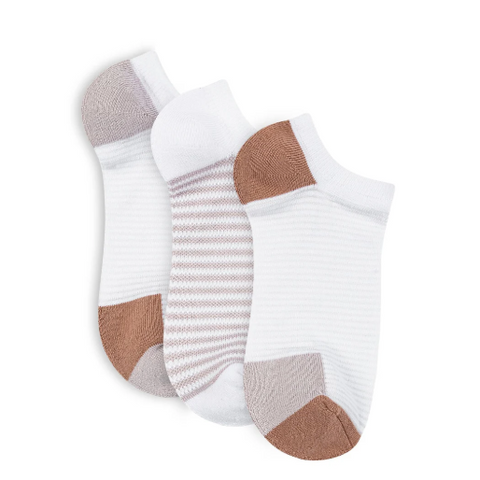 Three pairs of socks with white, brown, and gray accents on a white background