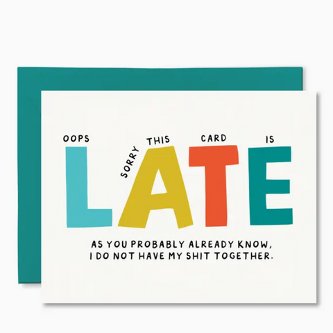 Colorful card with humorous text on a white background