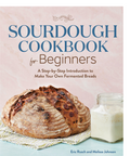 Front cover of the book 'Sourdough Cookbook for Beginners' by Eric Rusch and Melissa Johnson, featuring a rustic sourdough loaf and a glass jar of flour on a pale pink background.