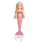 Pink mermaid doll with a tiara on a white background