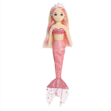 Pink mermaid doll with a tiara on a white background