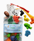 Set of colorful crayons shaped like animals and sports equipment with a tassel on a white background.