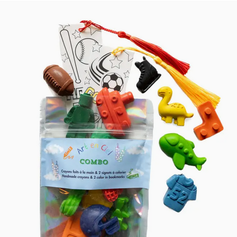 Set of colorful crayons shaped like animals and sports equipment with a tassel on a white background.