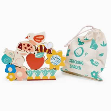 Colorful wooden stacking garden toys with a drawstring bag labeled 'Stacking Garden' on a white background.