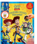 Disney Pixar Toy Story Ticker Book Treasury sticker book cover featuring Woody, Buzz Lightyear, Jessie, and other Toy Story characters on a bright yellow and blue background, with a hand placing a sticker on the cover.
