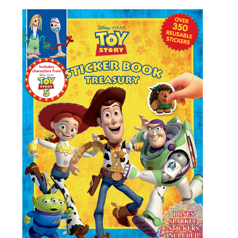 Disney Pixar Toy Story Ticker Book Treasury sticker book cover featuring Woody, Buzz Lightyear, Jessie, and other Toy Story characters on a bright yellow and blue background, with a hand placing a sticker on the cover.
