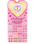 A pink card of Great Pretenders stick-on earrings for children, featuring a large rainbow heart design at the top and rows of colorful heart-shaped and character earrings below.