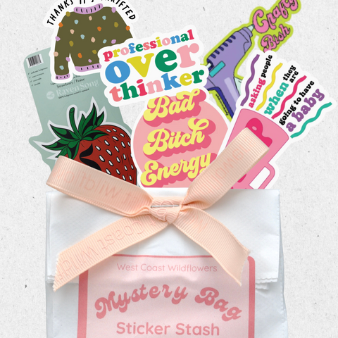 Mystery bag of stickers with colorful text and graphics on a white background