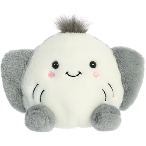Plush elephant toy with a happy expression on a white background