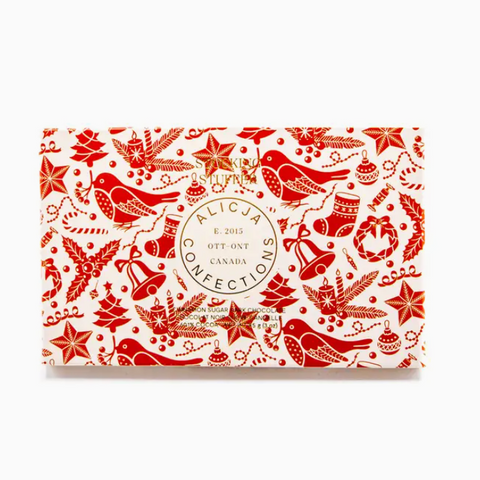 Decorative box with red patterns and 'Alicja Confections' branding on a white background
