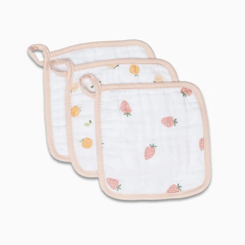 Set of three baby bibs with strawberry pattern on a white background