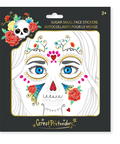 Pack of Great Pretenders sugar skull face stickers, featuring a Day of the Dead themed design with colorful roses, a skull, and a decorated sugar skull illustration on the front of the black retail packaging.