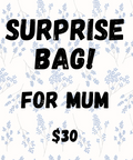 Promotional text for a 'Surprise Bag for Mum' with a price tag on a floral background.