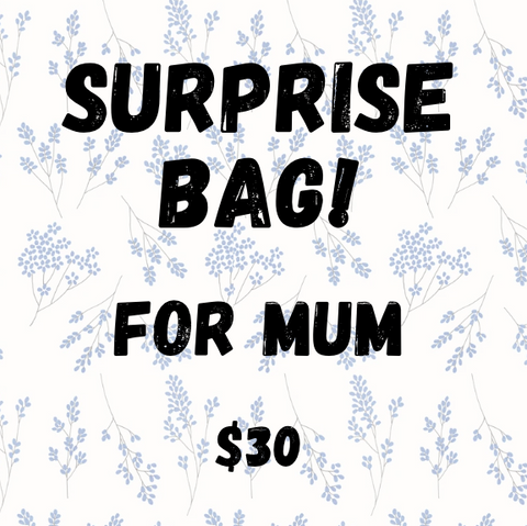Promotional text for a 'Surprise Bag for Mum' with a price tag on a floral background.