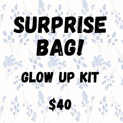Promotional graphic for a 'Surprise Bag! Glow Up Kit' priced at $40 with floral pattern