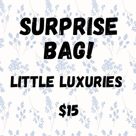 Promotional graphic for 'Surprise Bag! Little Luxuries' with floral pattern