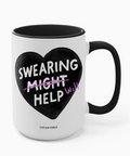 Mug with a black heart design and text on a white background