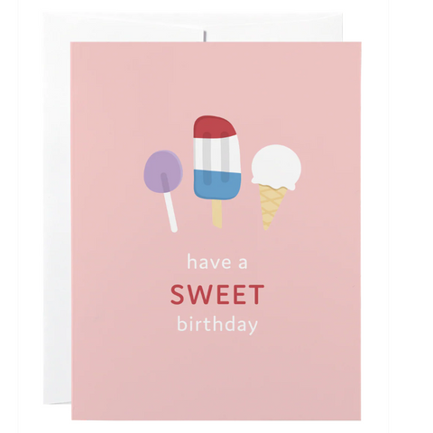 Sweet birthday card design on a website with ice cream cone and lollipop illustration.