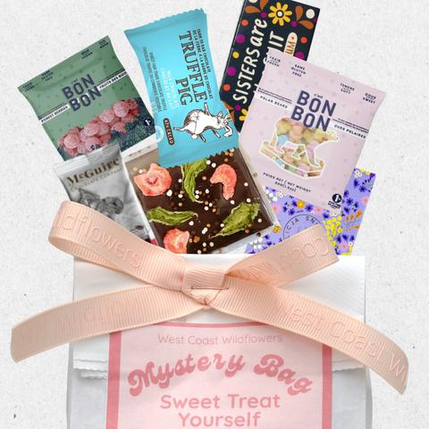 Mystery bag of assorted sweet treats with colorful packaging on a light gray background