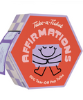 A hexagonal orange product box labeled 'Take-a-Ticket AFFIRMATIONS' with a purple-and-white checkered side panel and a tear-off ticket partially pulled out. The front shows a simple smiling cartoon figure and the text '200 Tear-Off Pep Talks'.