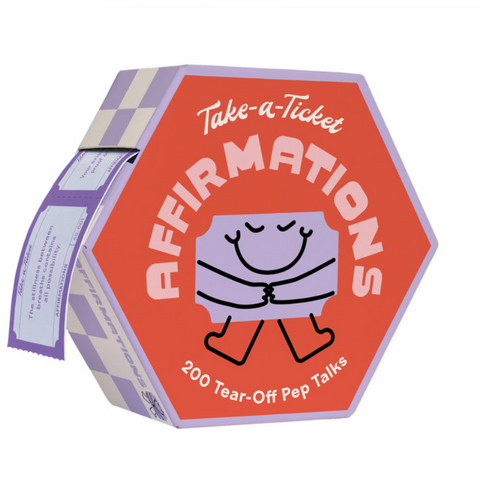 A hexagonal orange product box labeled 'Take-a-Ticket AFFIRMATIONS' with a purple-and-white checkered side panel and a tear-off ticket partially pulled out. The front shows a simple smiling cartoon figure and the text '200 Tear-Off Pep Talks'.