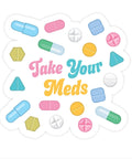 Colorful pill icons with 'Take Your Meds' text on a white background