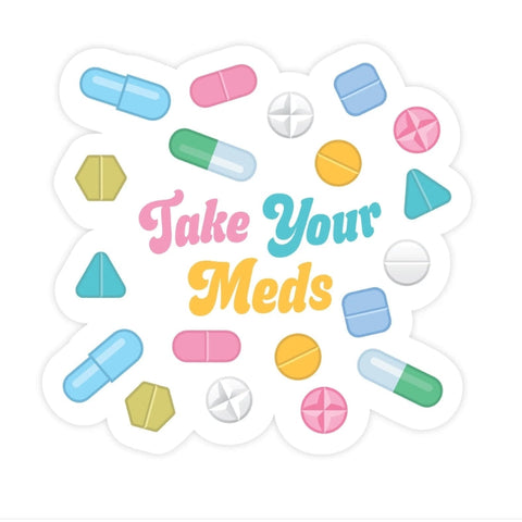 Colorful pill icons with 'Take Your Meds' text on a white background