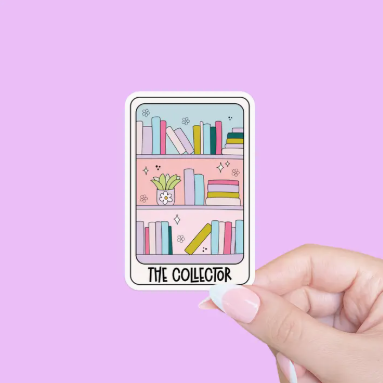Card with bookshelf design labeled 'The Collector' held against a pink background