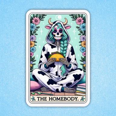 Card featuring a character in a cow print outfit with a taco, surrounded by flowers on a blue background.