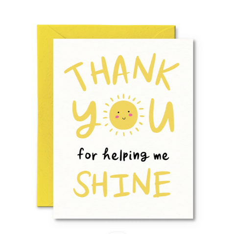 Card with 'Thank you for helping me shine' text and a sun illustration on a white background.